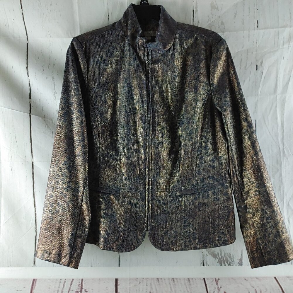 Erin London Size M Multicolor Metallic Print Zip Up Blazer With Pockets NWT $72
